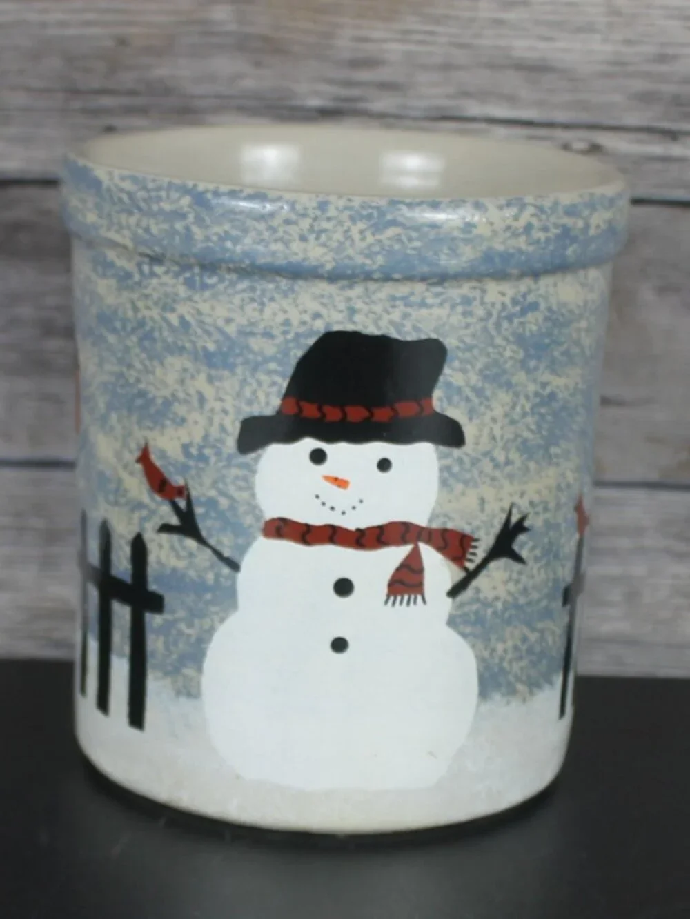 Vintage R.R.P. Co. Roseville Ohio Snowman Stenciled Stoneware Crock Jar 1994
